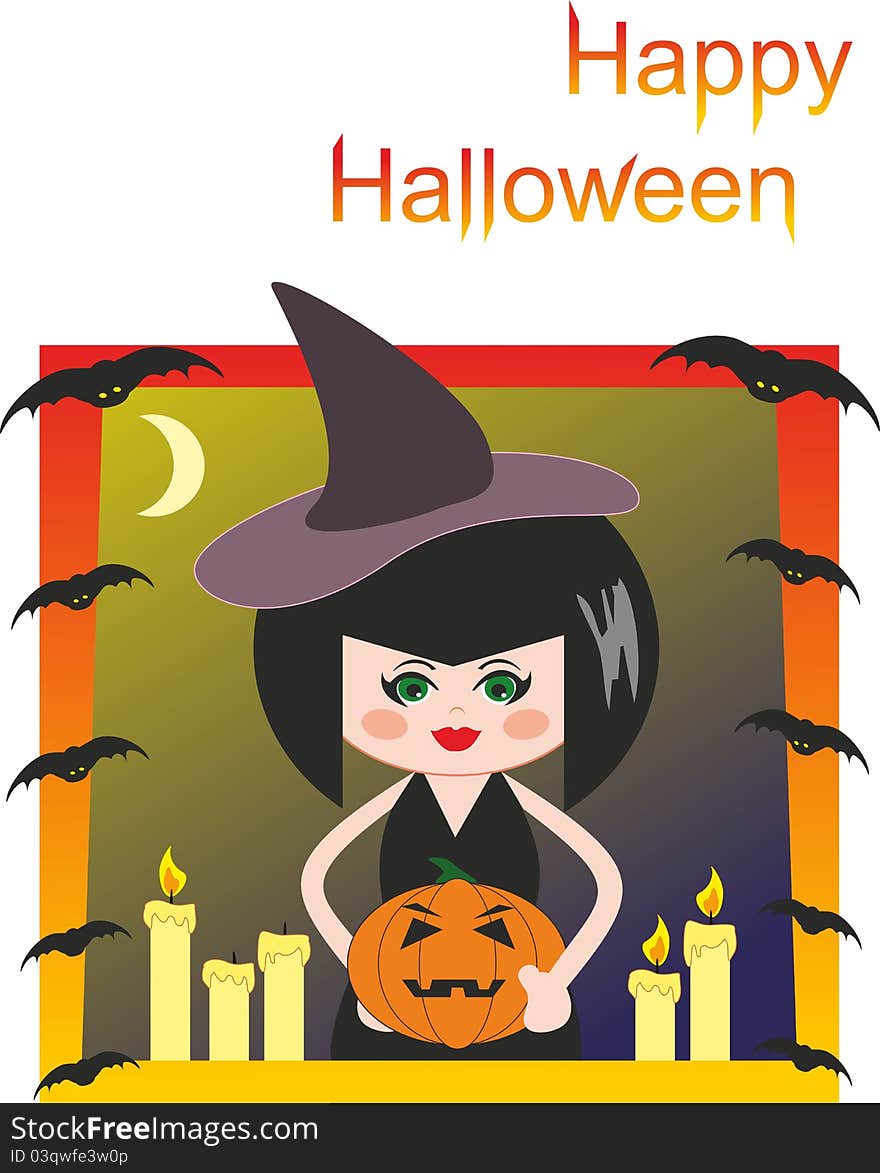 Witch, pumpkin, candles and bats. Halloween. Comic cartoon illustration