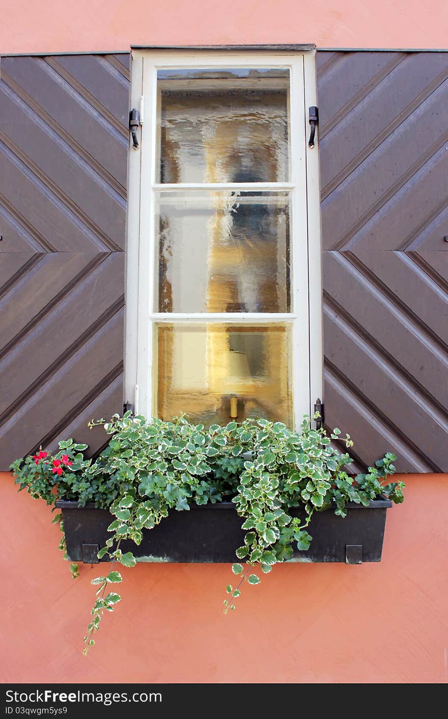 Small window with wooden shutters and flovers in old house.