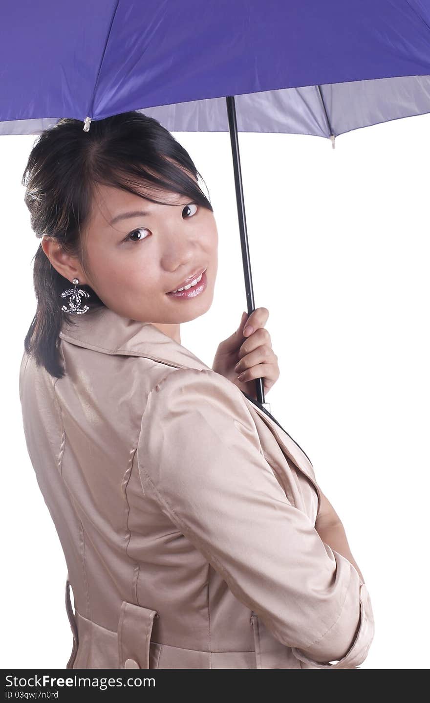 Asian business woman holding purple umbrella isolated. Asian business woman holding purple umbrella isolated