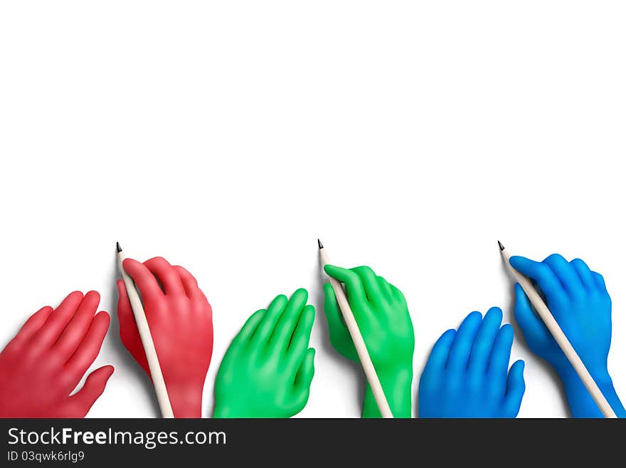 Multicolored plasticine hands with a pencils on a white background. Multicolored plasticine hands with a pencils on a white background