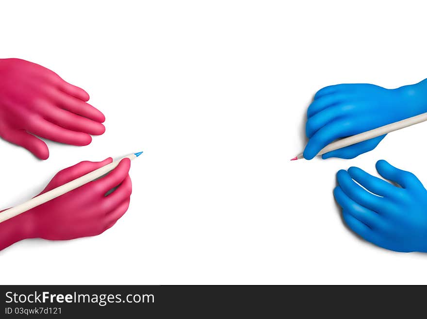 Multicolored plasticine hands with a pencils on a white background. Multicolored plasticine hands with a pencils on a white background