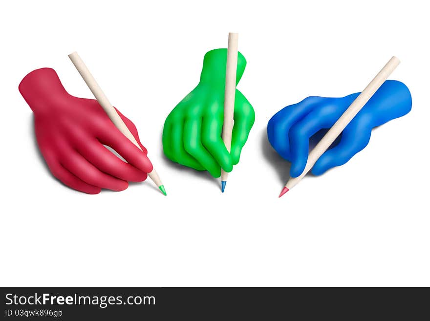 Multicolored plasticine hands with a pencils on a white background. Multicolored plasticine hands with a pencils on a white background