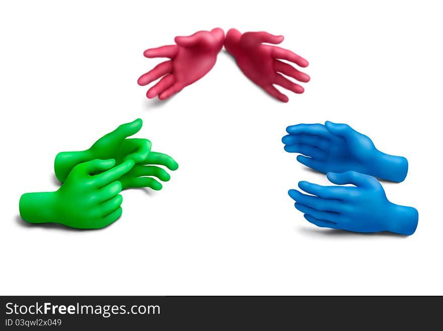 Multicolored plasticine hands on a white background. Multicolored plasticine hands on a white background