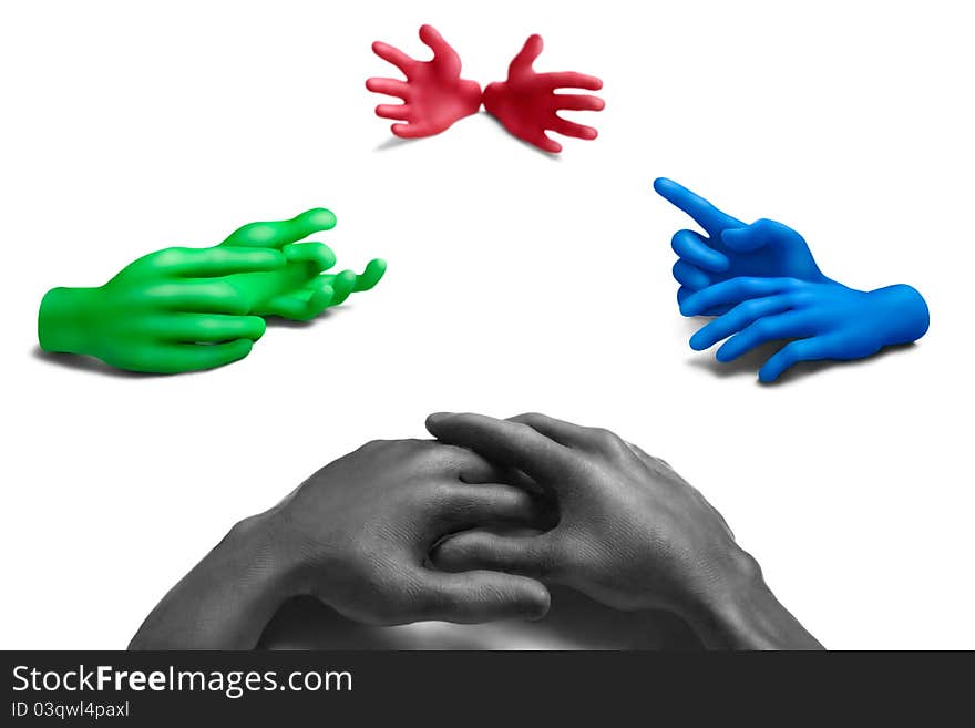 Multicolored plasticine hands on a white background. Multicolored plasticine hands on a white background