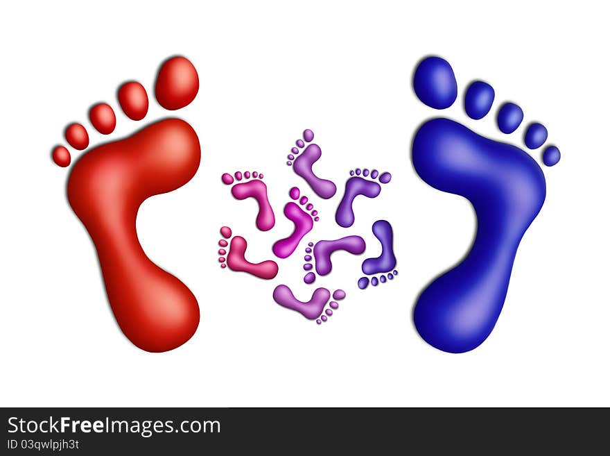 Multicolored plasticine footprints on a white background. Multicolored plasticine footprints on a white background