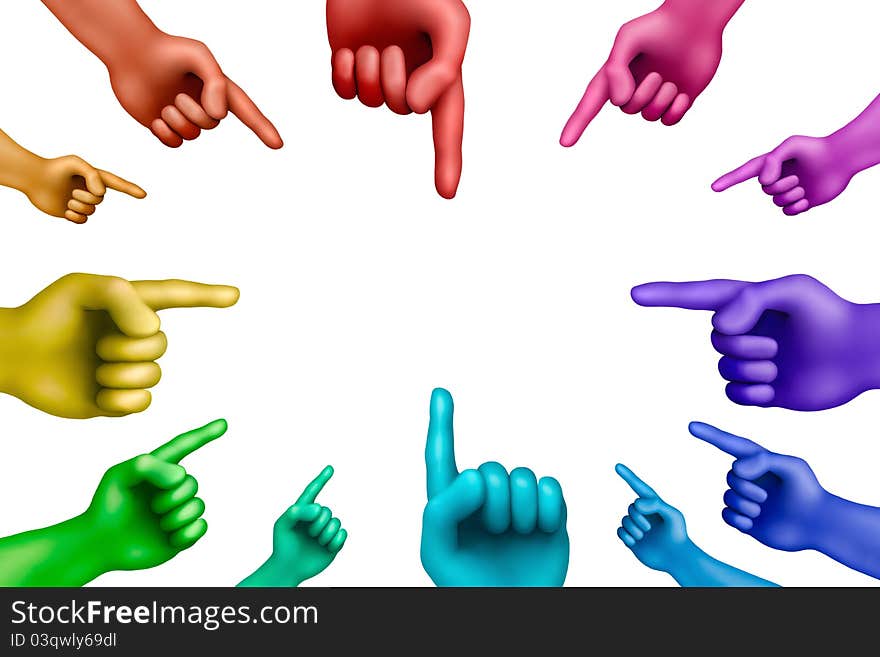 Multicolored plasticine pointed out hands on a white background. Multicolored plasticine pointed out hands on a white background