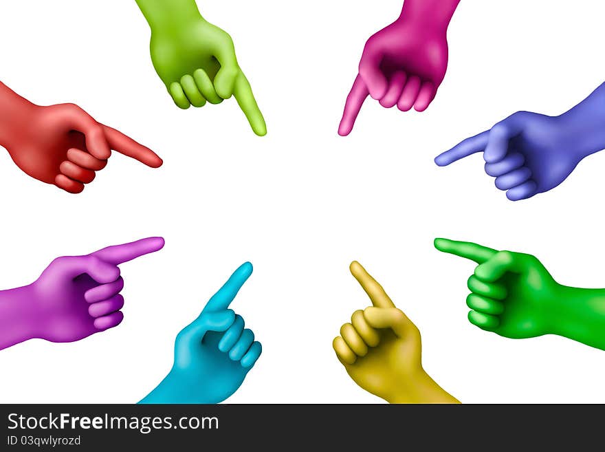 Multicolored plasticine pointed out hands on a white background. Multicolored plasticine pointed out hands on a white background