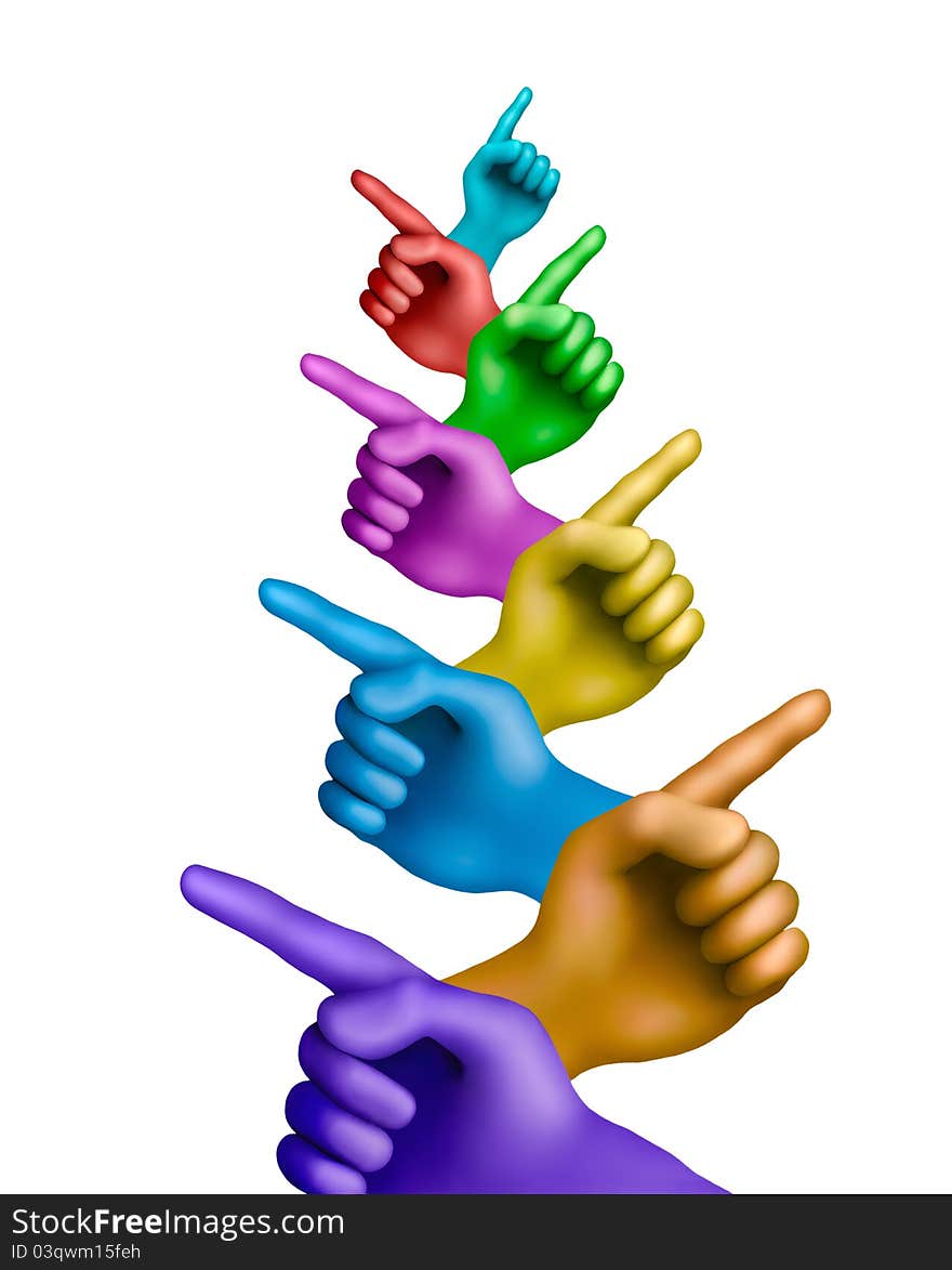 Multicolored plasticine pointed out hands on a white background. Multicolored plasticine pointed out hands on a white background