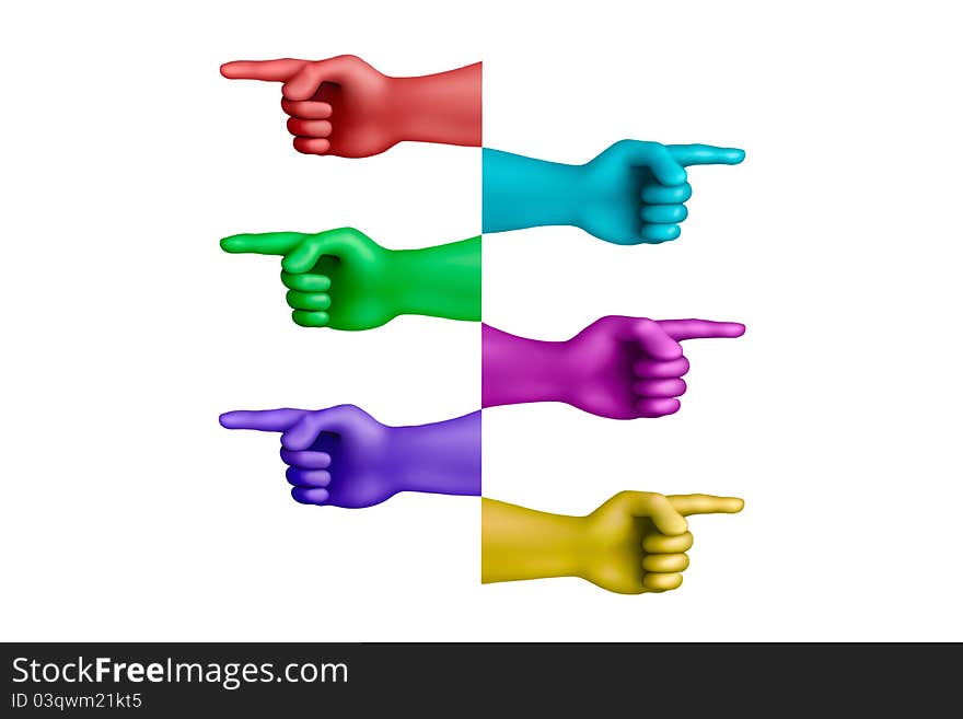 Multicolored plasticine pointed out hands on a white background. Multicolored plasticine pointed out hands on a white background