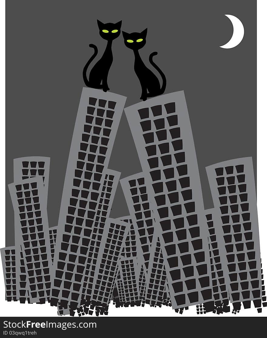 Two cats on the skyscrapers roof in love watching the moon,creative computer graphic design,page layout