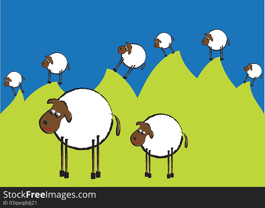 Funny illustration of flock of sheep on the hills