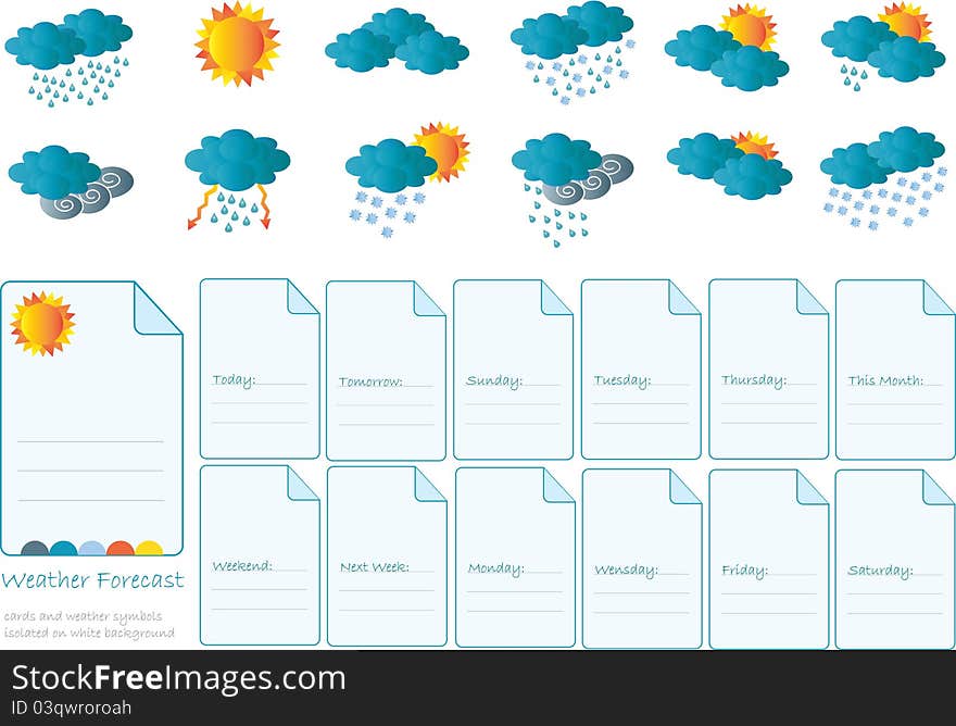 Color creative cards with daily weather forecast isolated on white background,weather and seasons,meteorology symbols. Color creative cards with daily weather forecast isolated on white background,weather and seasons,meteorology symbols