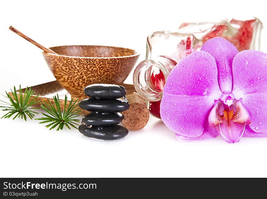 Spa Concept - Zen Stones With Pink Orchid and Relaxing Salt