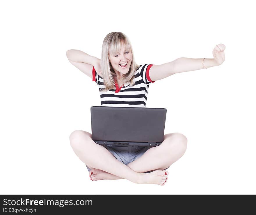 Young woman with notebook in studio