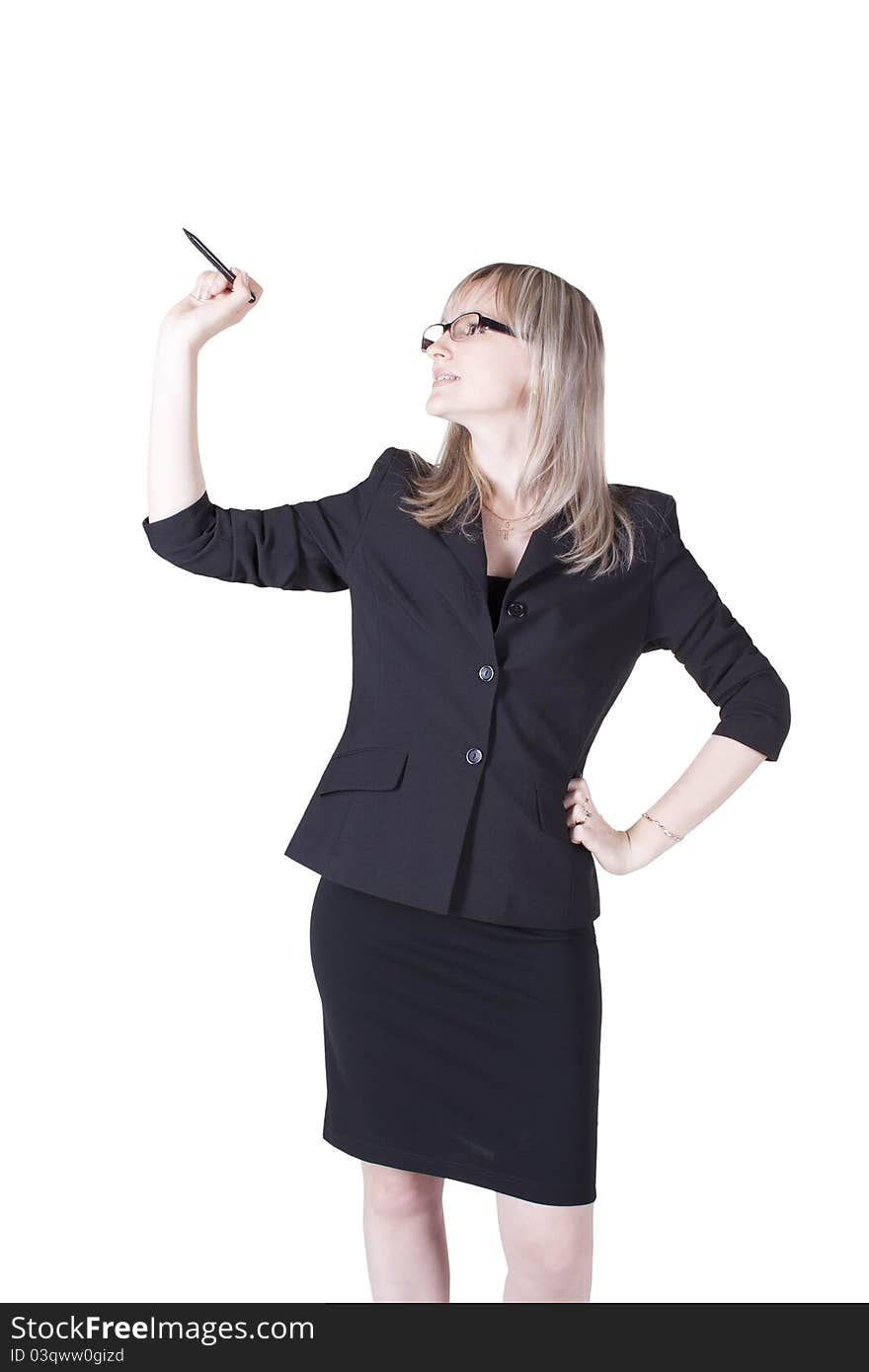 Businesswoman in suit writing on white isolated. Businesswoman in suit writing on white isolated