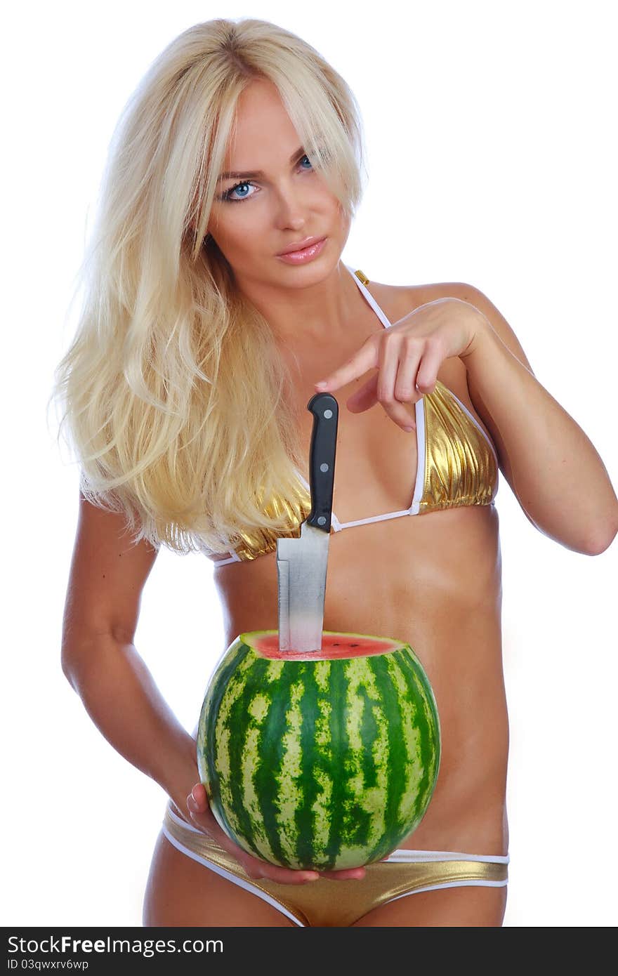 Blonde in bikini with watermelon