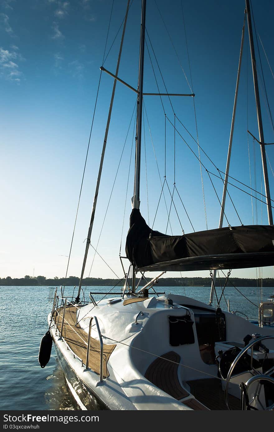 Yachts on an anchor in harbor, boats series