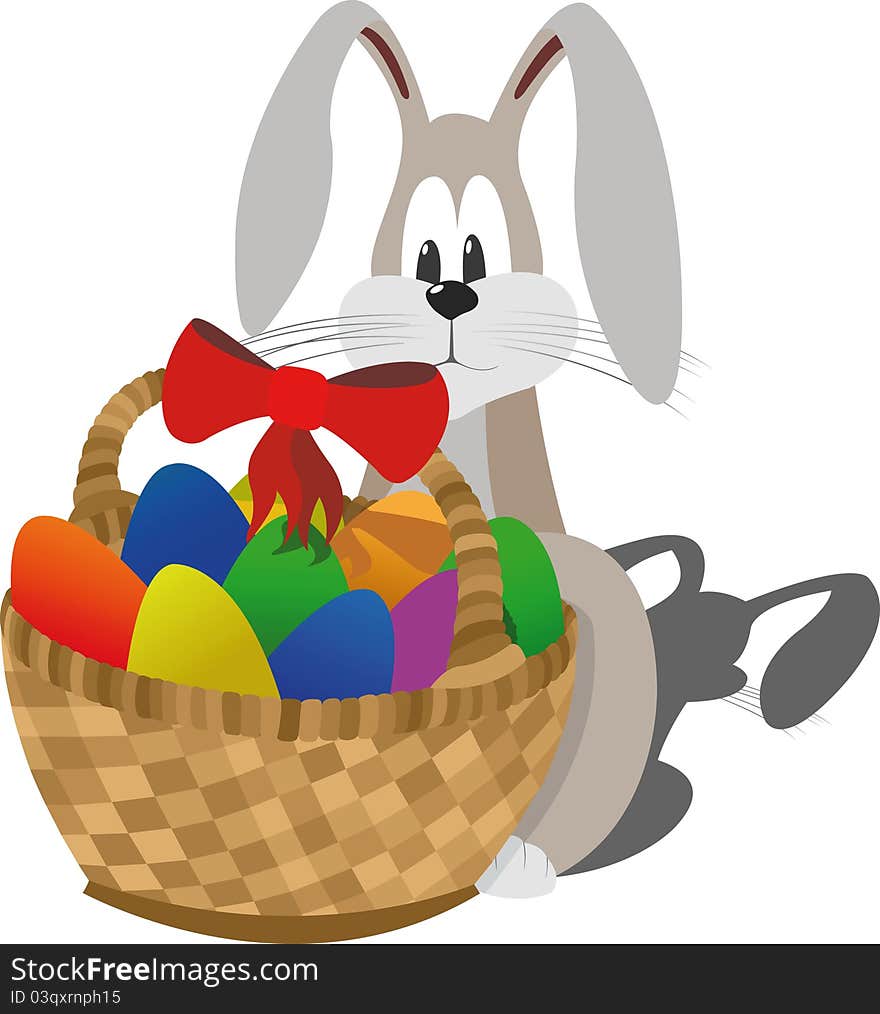 Shy easter rabbit sits near the basket with colorfull eggs