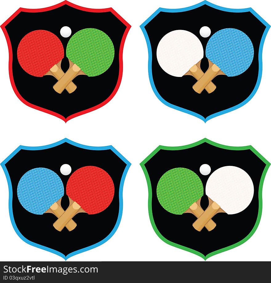 Badge emblems featuring ping pong equipment in a variety of colors. Badge emblems featuring ping pong equipment in a variety of colors.