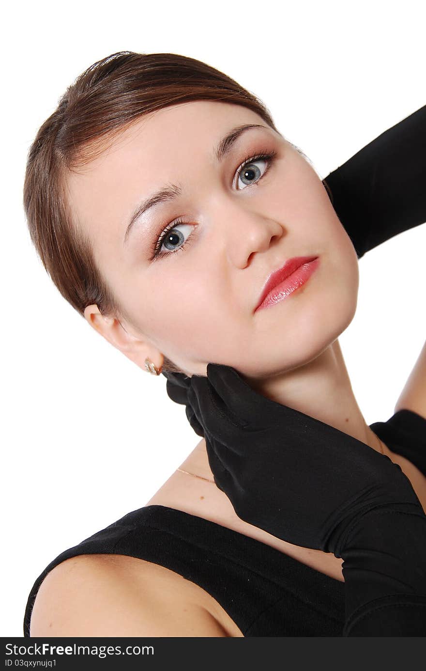 Portrait of the beautiful girl with black gloves isolated on white background