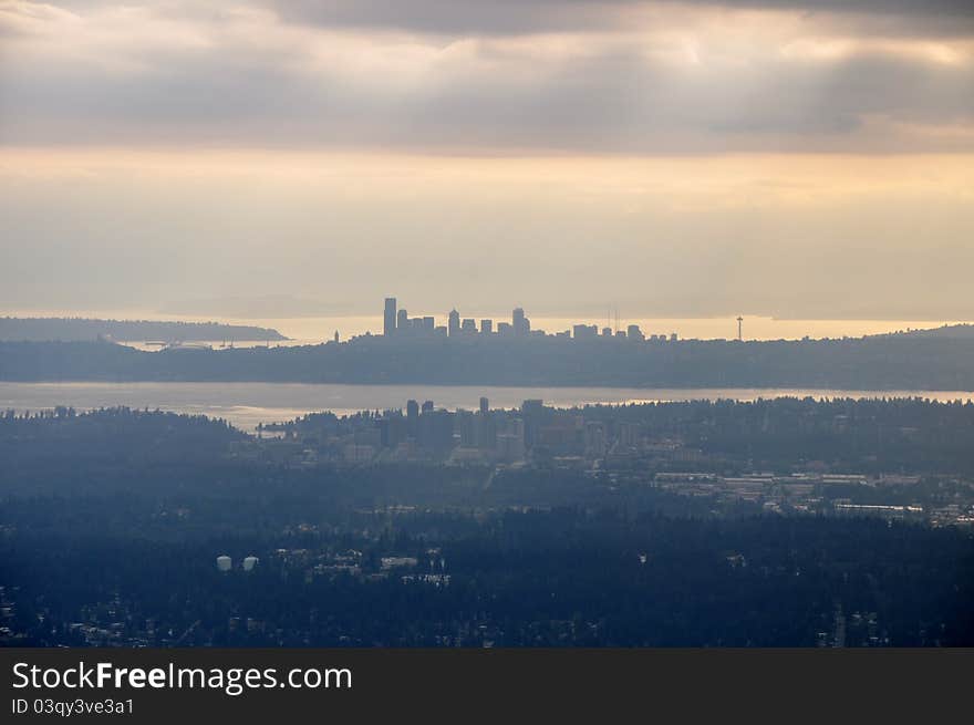 Bellevue downtown is at the front, Seattle downtown is at the back. Picture is taken from the plane. Bellevue downtown is at the front, Seattle downtown is at the back. Picture is taken from the plane.