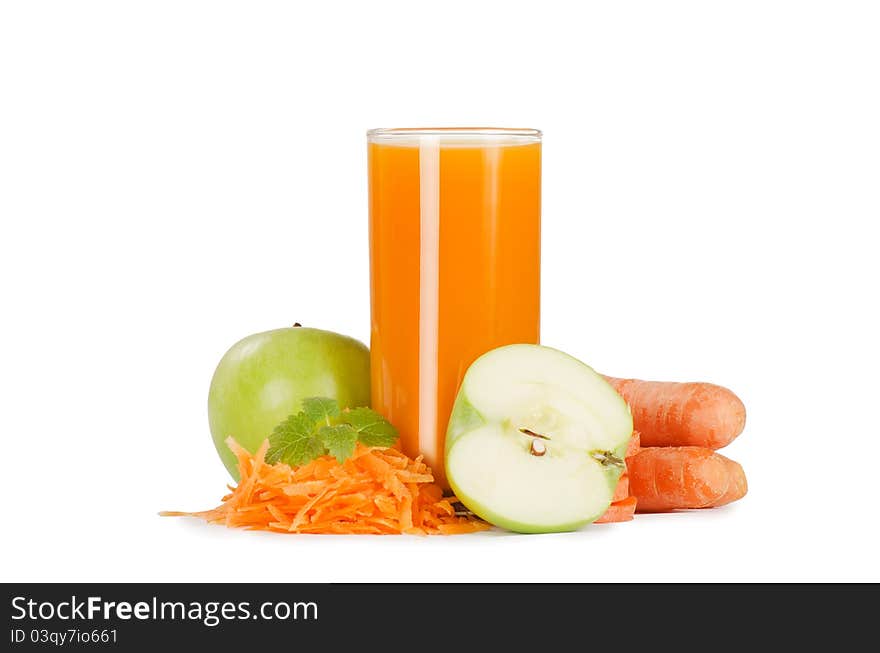 Glass with carrot juice on white