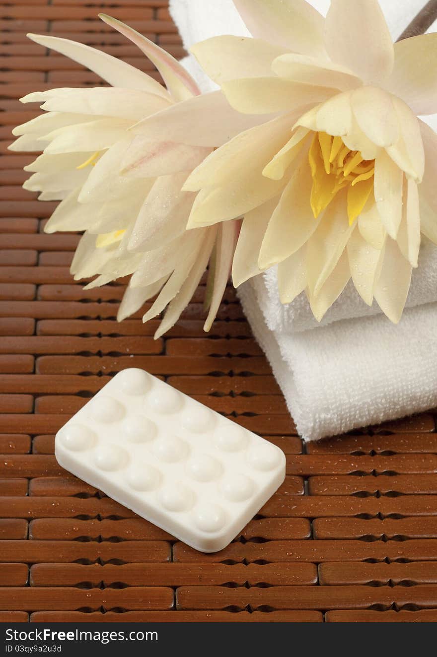 Spa composition with waterlilies and soap bar