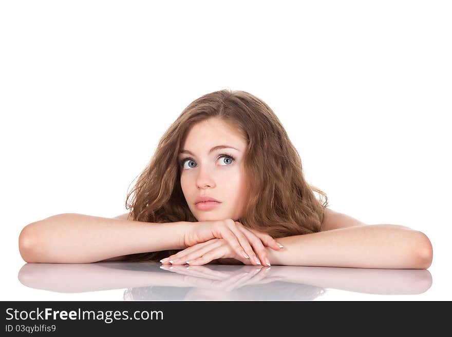 Portrait of beautiful young woman think looking up, isolated over white background, studio shoot. Portrait of beautiful young woman think looking up, isolated over white background, studio shoot