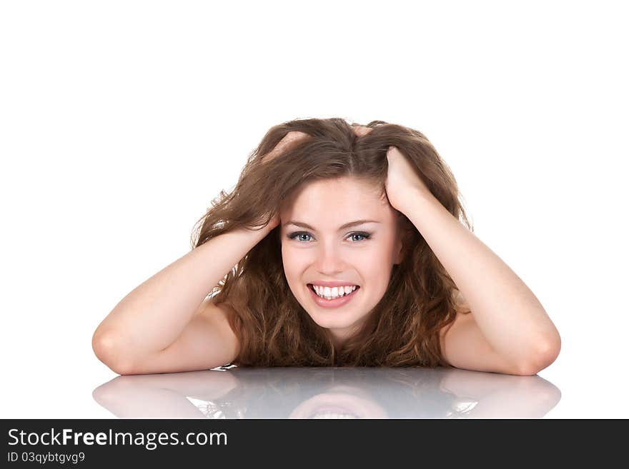 Portrait of beautiful young happy woman smile with long curly brown hair, isolated over white background, studio shoot. Portrait of beautiful young happy woman smile with long curly brown hair, isolated over white background, studio shoot