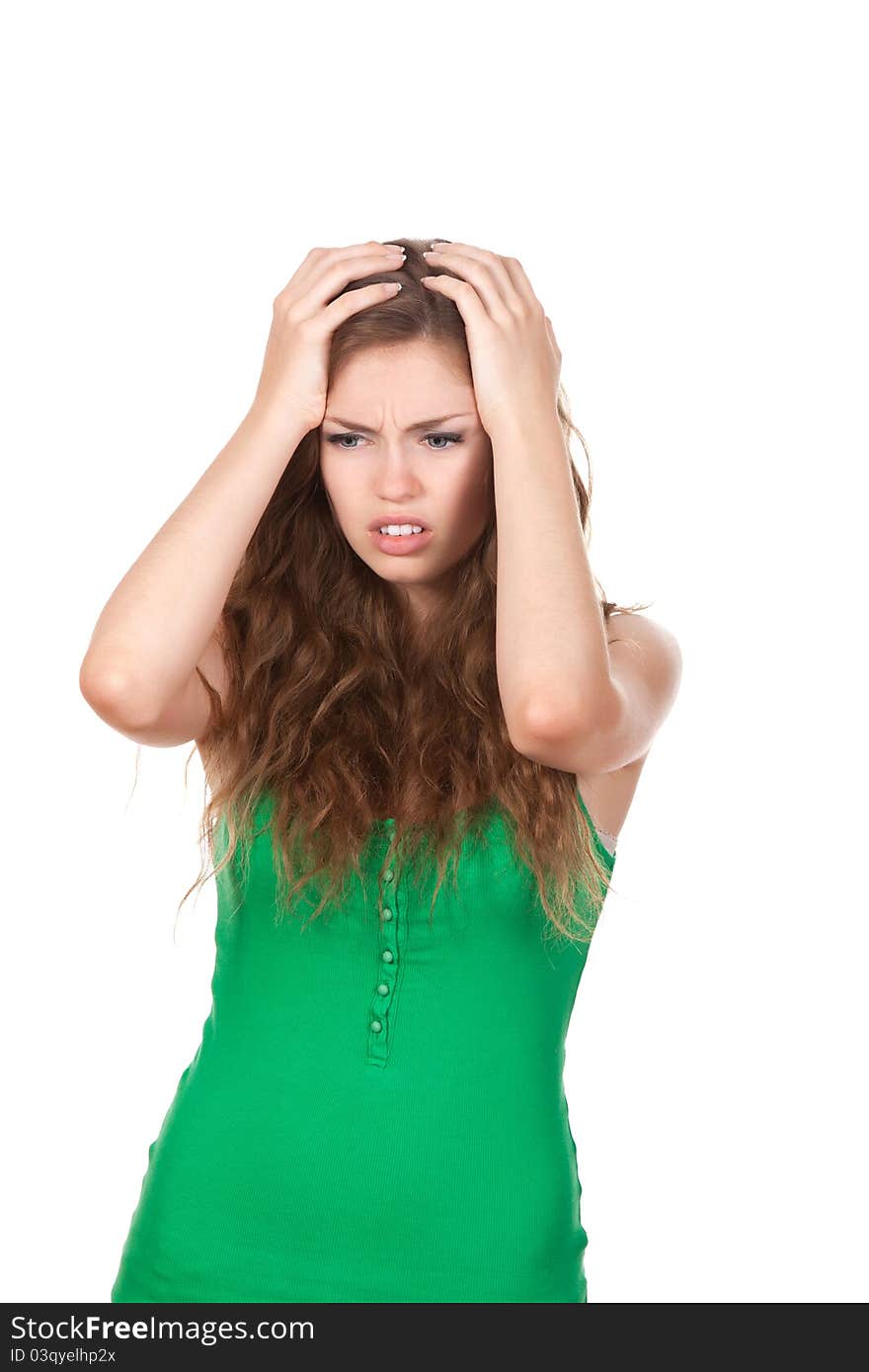 Portrait of attractive depressed teenage girl hold hands on head