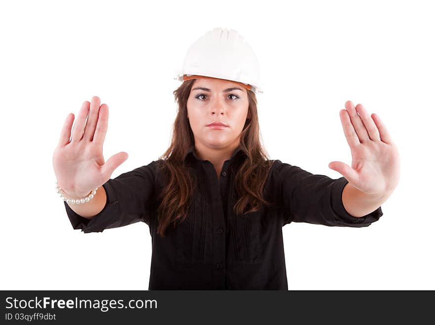 Business woman making stop sign, isolated