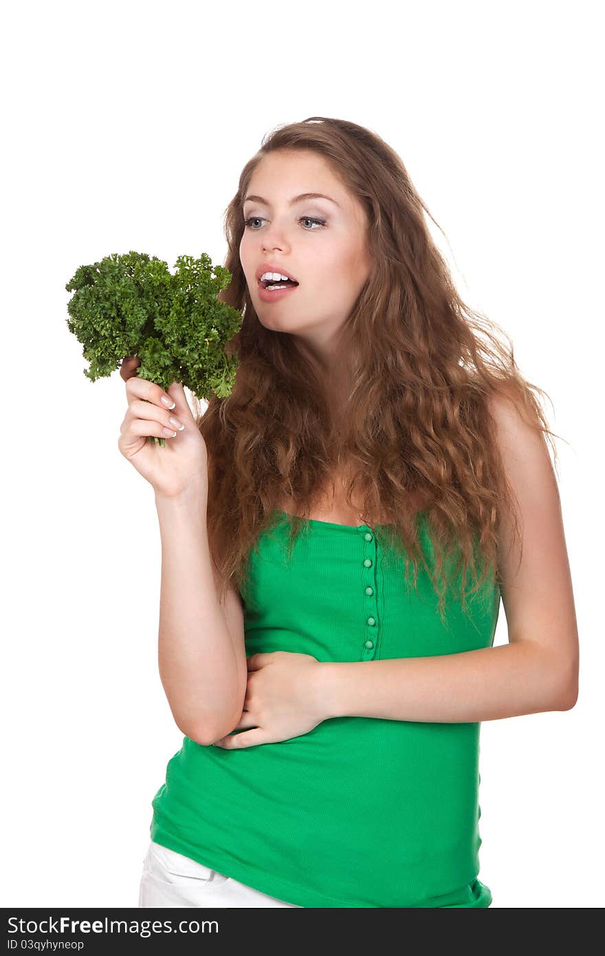 Portrait of happy young woman hold green fresh leaf of raw fennel coriander parsley in hand, isolated on white background. Portrait of happy young woman hold green fresh leaf of raw fennel coriander parsley in hand, isolated on white background