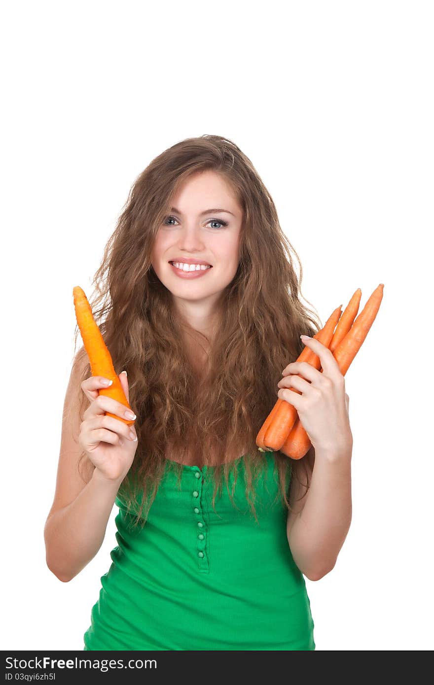 Portrait of young happy smiling woman hold orange fresh raw carrot in hand isolated on white background. Portrait of young happy smiling woman hold orange fresh raw carrot in hand isolated on white background