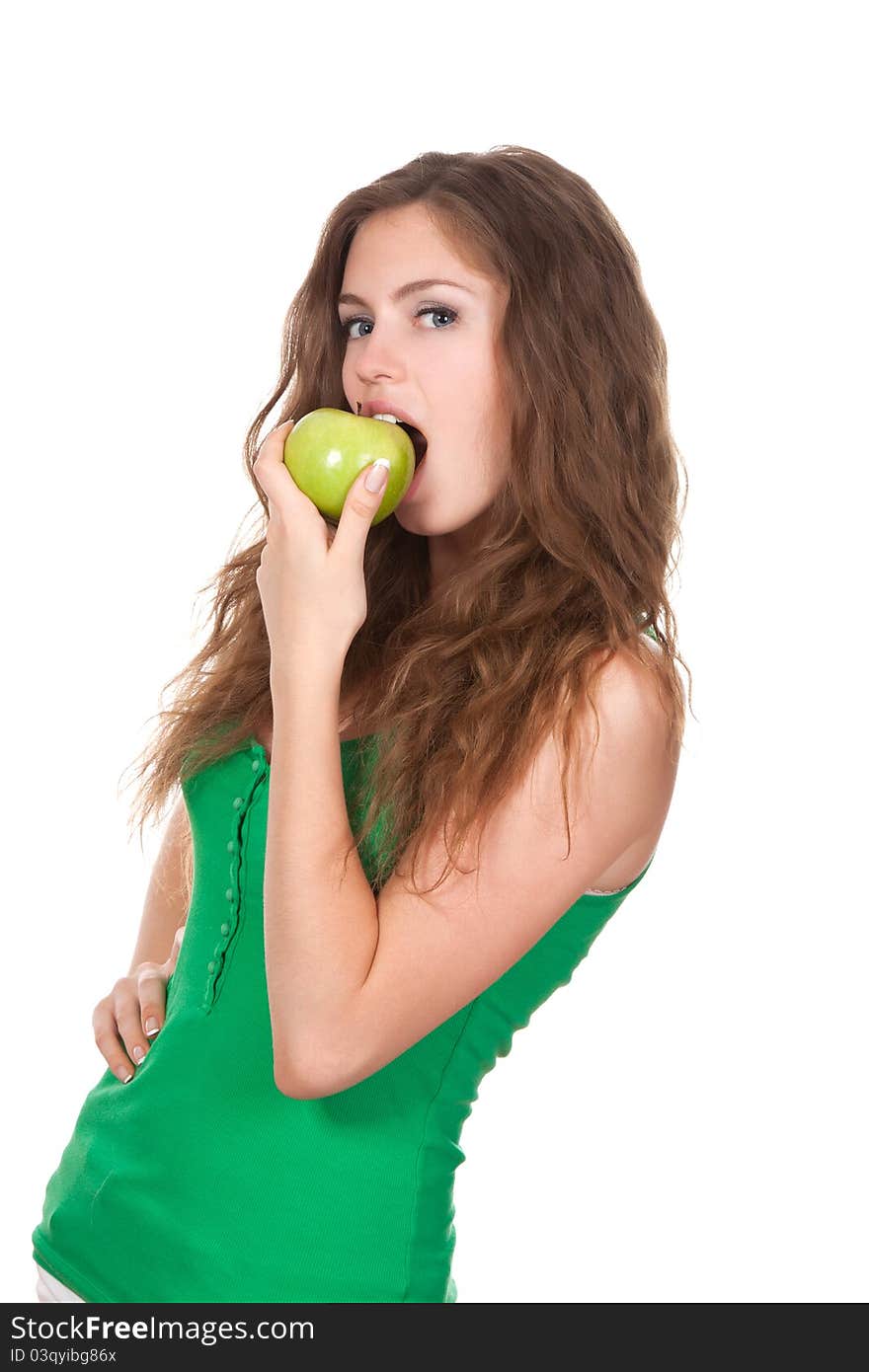 Portrait of happy smiling woman hold green fresh apple in hand. Portrait of happy smiling woman hold green fresh apple in hand