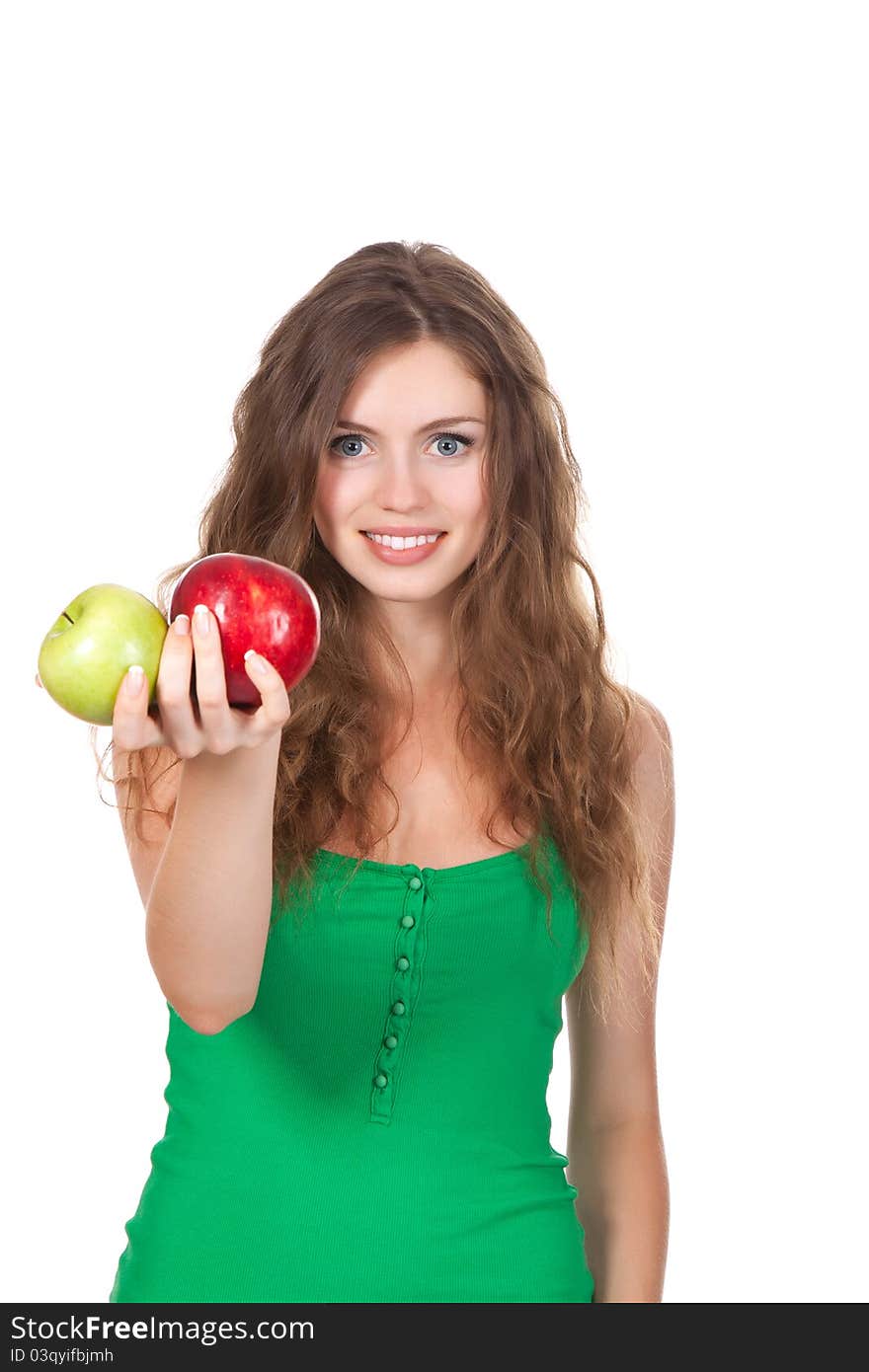 Portrait of happy smiling woman hold two fresh apple in hands green and red. Portrait of happy smiling woman hold two fresh apple in hands green and red