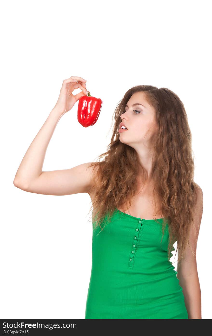 Portrait of young happy smile woman hold red fresh raw pepper in hand. Portrait of young happy smile woman hold red fresh raw pepper in hand