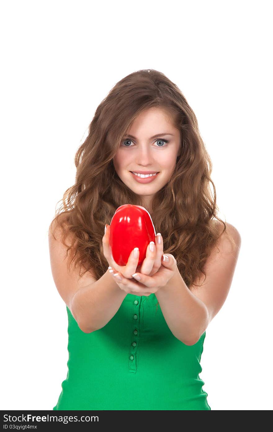 Portrait of young happy smile woman hold red fresh raw pepper in hand. Portrait of young happy smile woman hold red fresh raw pepper in hand