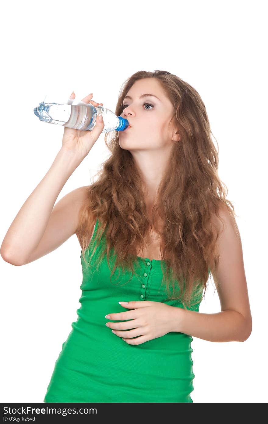 Beautiful woman with bottle of water isolated over white background. Beautiful woman with bottle of water isolated over white background