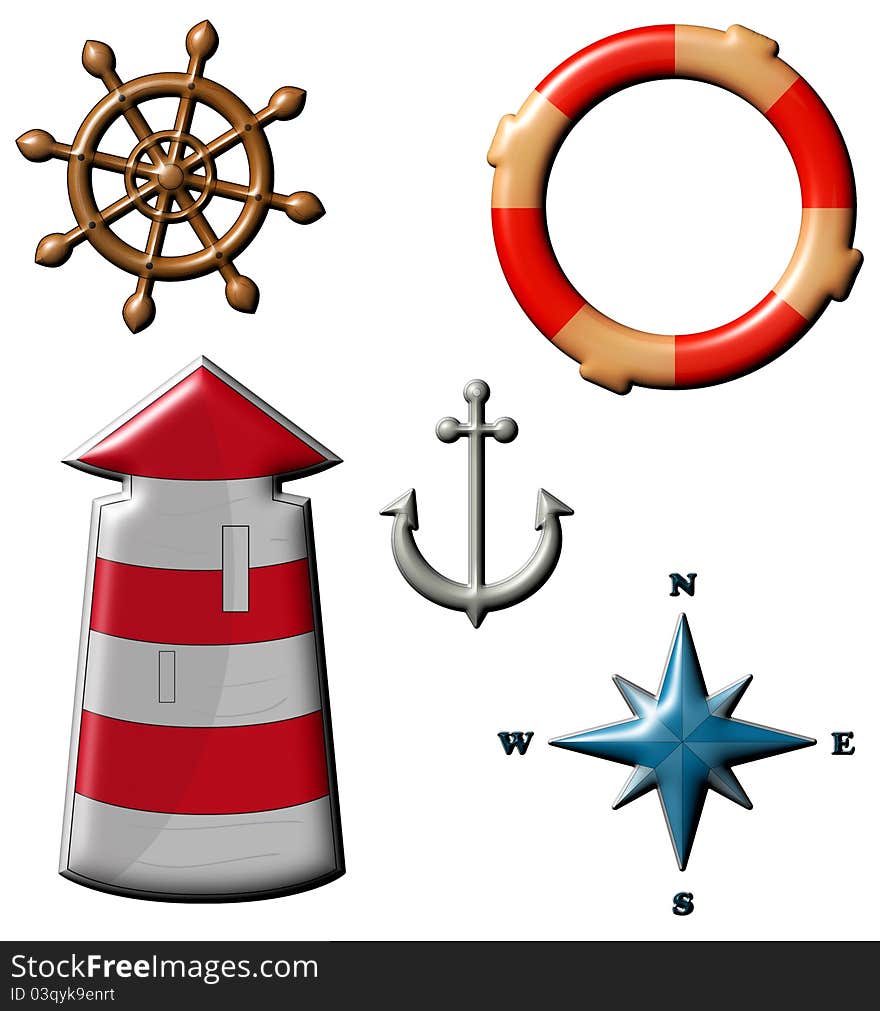 Marine set - lighthouse, life preserver, anchor, wind rose