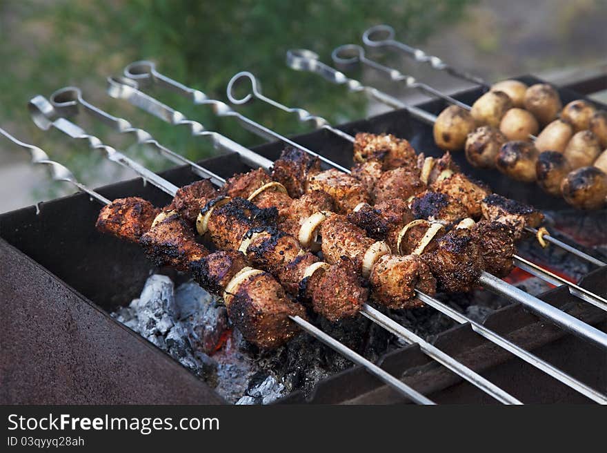 Shish Kebab In Process Of Cooking