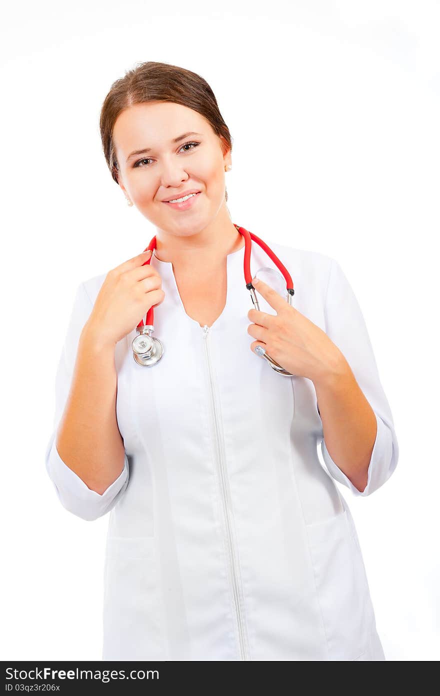 Young medical woman doctor portrait isolated on white background. Young medical woman doctor portrait isolated on white background