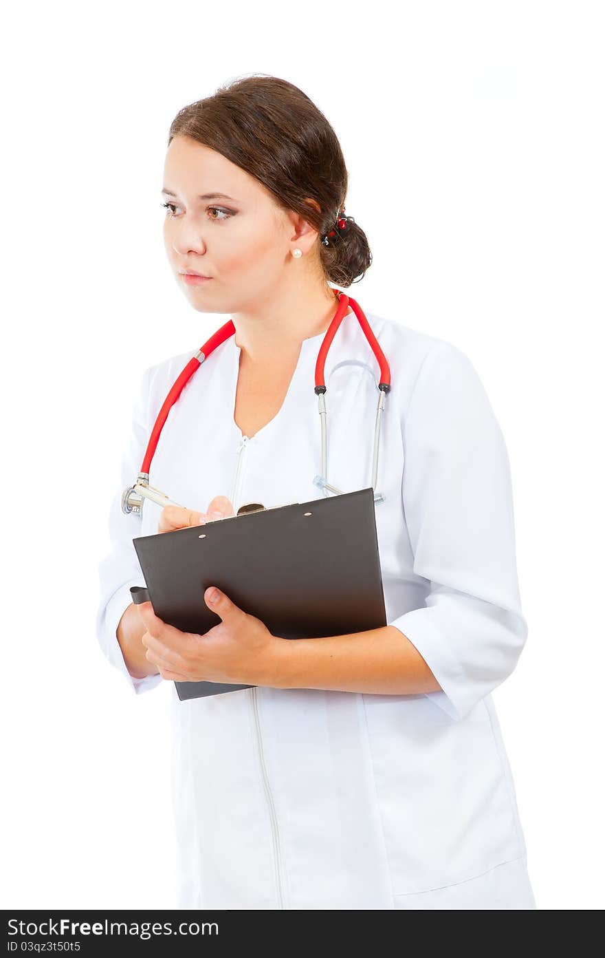 Young medical smiling woman doctor portrait isolated on white background. Young medical smiling woman doctor portrait isolated on white background