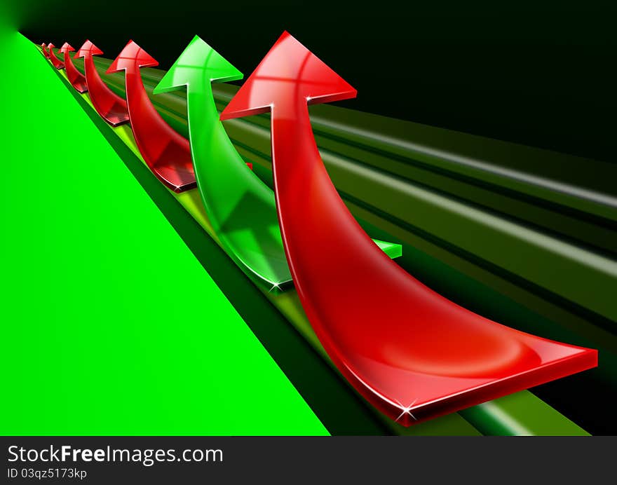 Arrows red and green curved upwards, the concept of economic success and business. Arrows red and green curved upwards, the concept of economic success and business