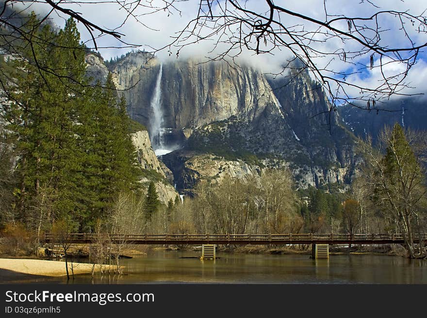 This is a photograph of Bridalveil Fall from a different perspective in Yosemite National Park. This is a photograph of Bridalveil Fall from a different perspective in Yosemite National Park.