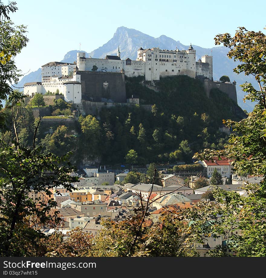 View to Hohensalzburg castle taken from the Kapuzinerberg hill. View to Hohensalzburg castle taken from the Kapuzinerberg hill.