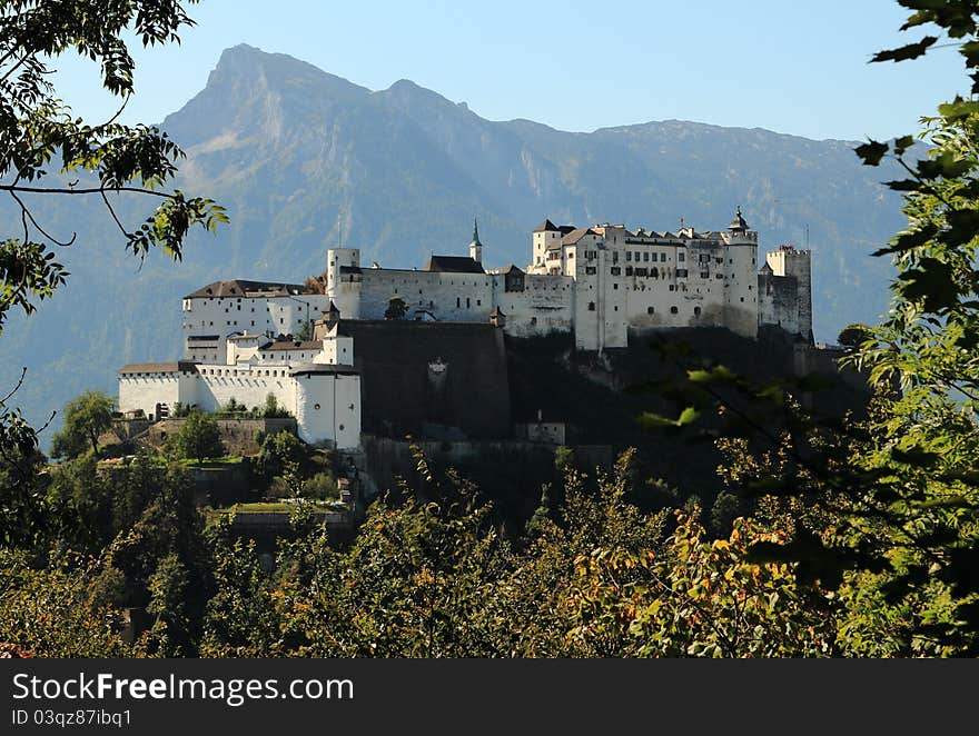 View to Hohensalzburg castle taken from the Kapuzinerberg hill. View to Hohensalzburg castle taken from the Kapuzinerberg hill.