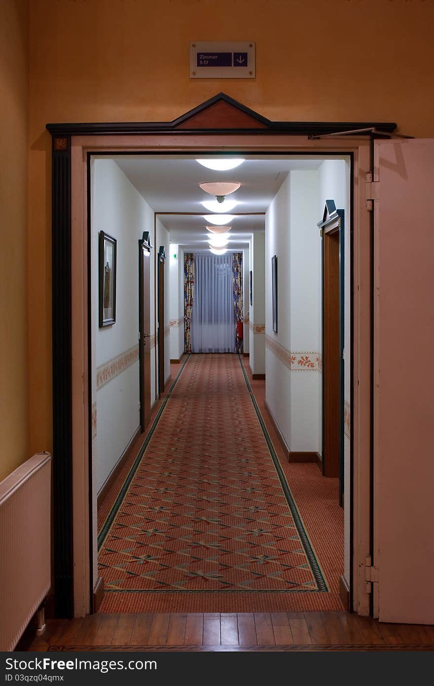 A long corridor in the hotel