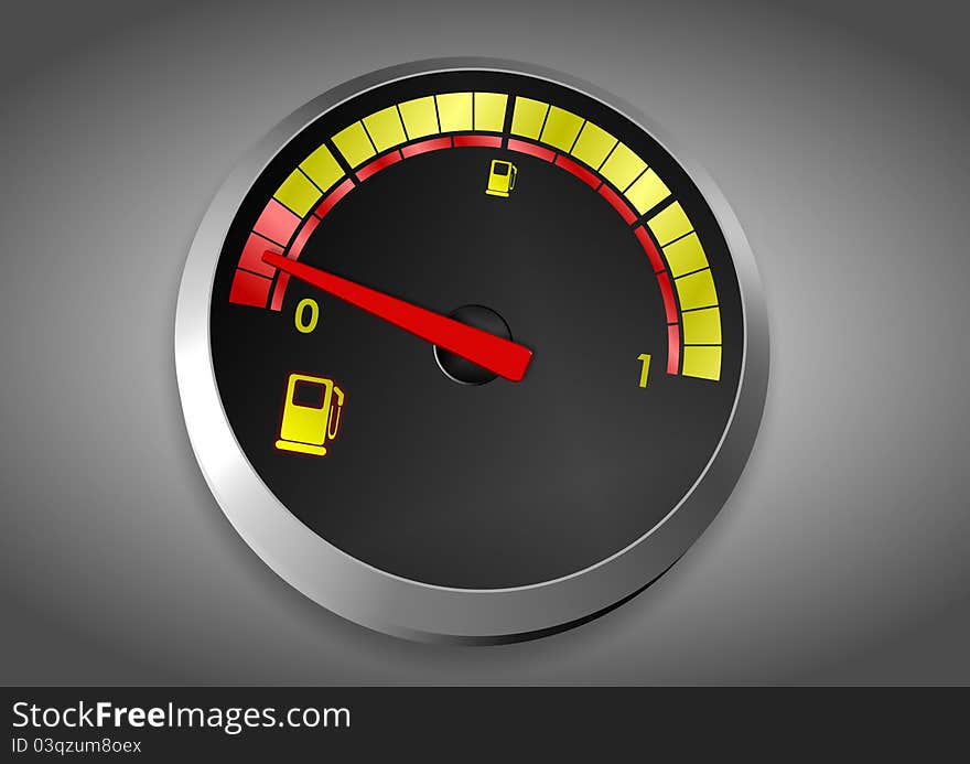 A fuel indicator from a car showing low level of it. A fuel indicator from a car showing low level of it