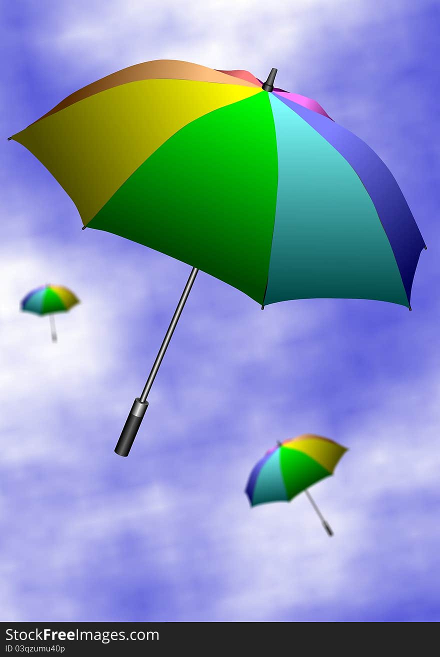 Colorful umbrellas flying up in the air with a blue sky in the background