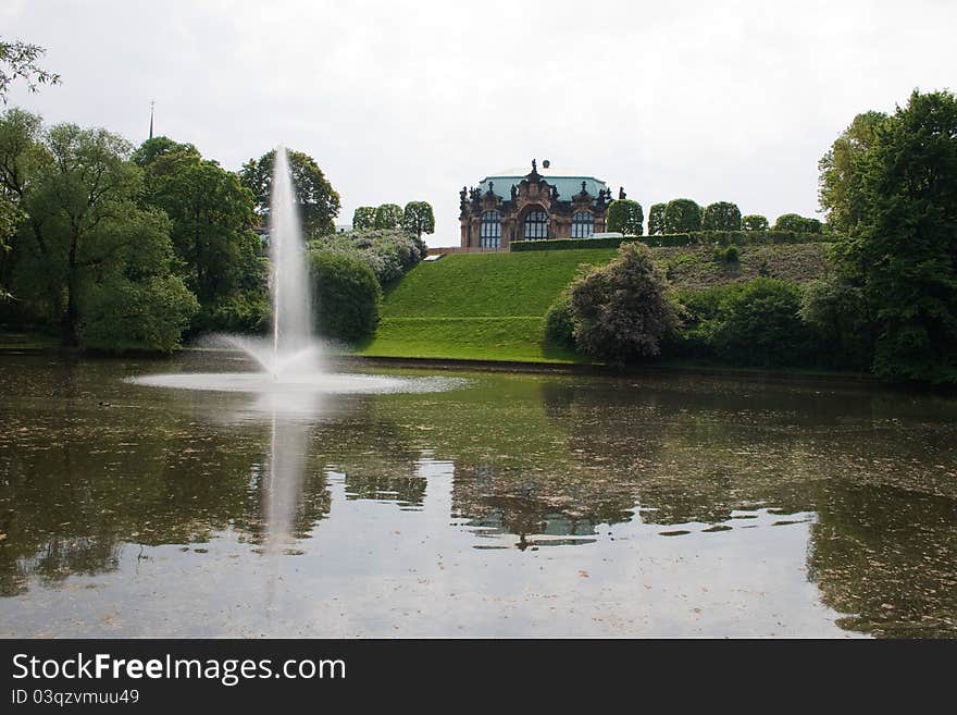 Lake with a fountain in a park in Dresden